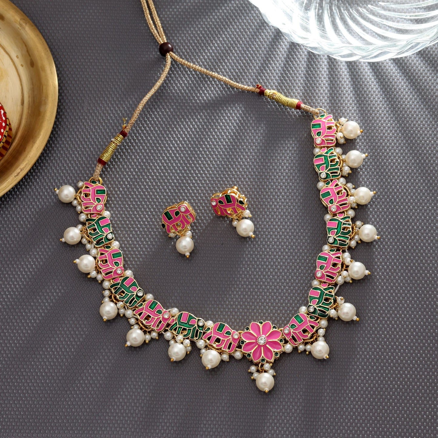 Pink & Grün Farben Meenakari Halskette Set Designer Festlicher Tradiotioneller Schmuck
