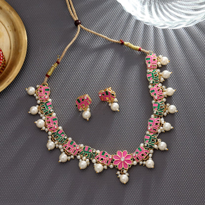 Pink & Grün Farben Meenakari Halskette Set Designer Festlicher Tradiotioneller Schmuck
