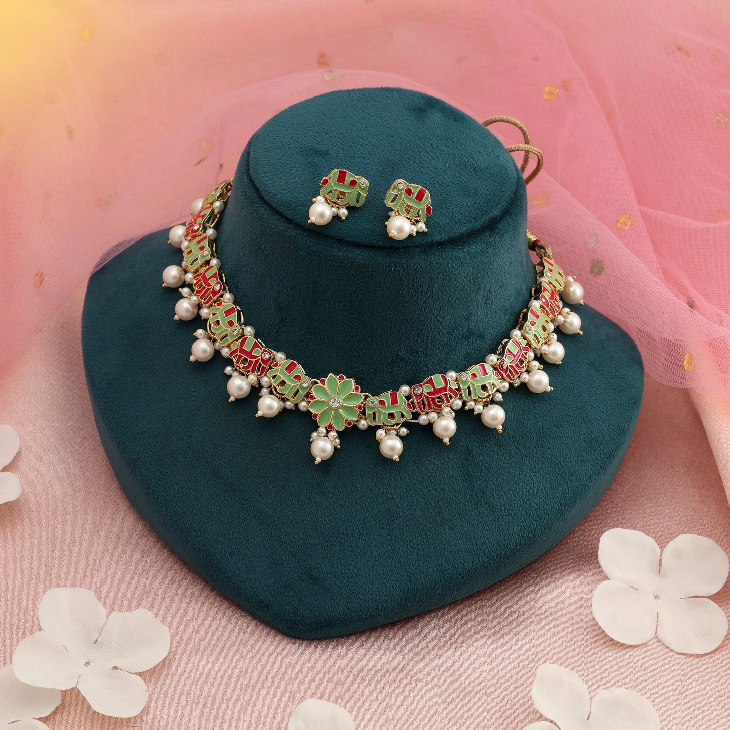 Rani & Pistaziengrün Meenakari Halsketten-Set Königliche Ethnische Hochzeitsschmuckkollektion