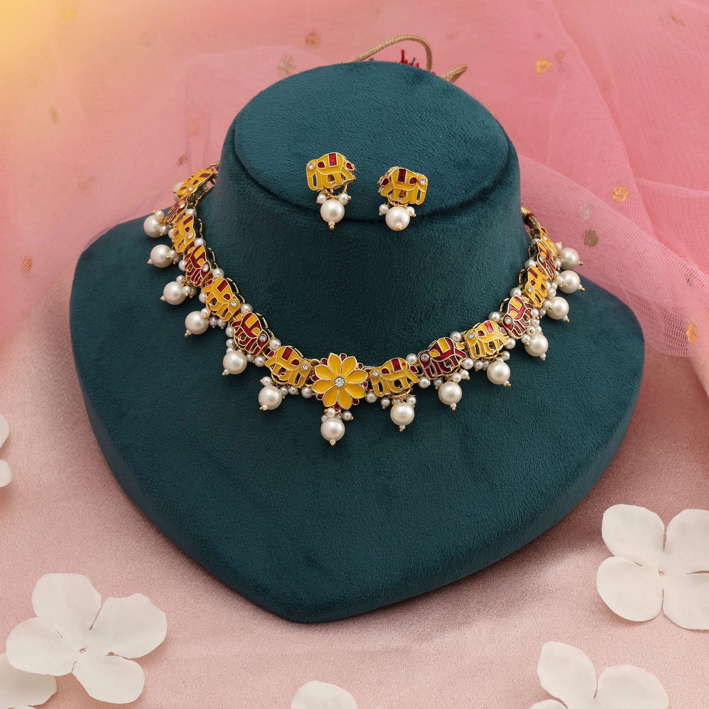 Gelbe & Rote Meenakari Halskette Set Traditioneller Brautschmuck Statement Design