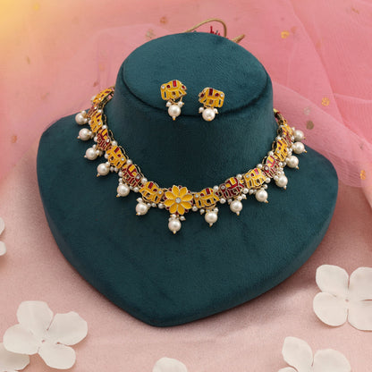 Gelbe & Rote Meenakari Halskette Set Traditioneller Brautschmuck Statement Design