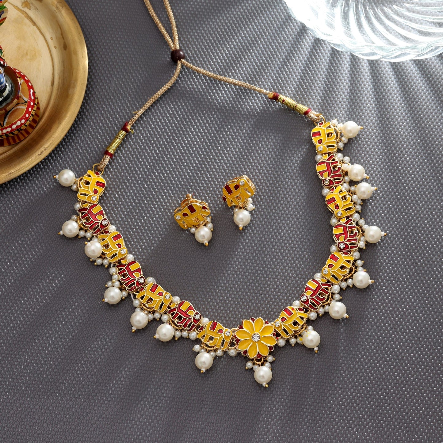 Gelbe & Rote Meenakari Halskette Set Traditioneller Brautschmuck Statement Design
