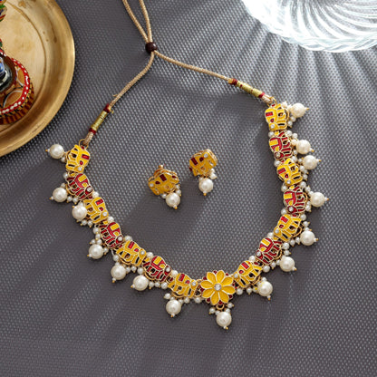 Gelbe & Rote Meenakari Halskette Set Traditioneller Brautschmuck Statement Design