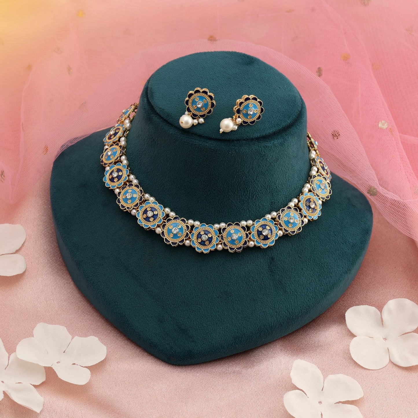 Firozi & Blau Meenakari Halskette Set Elegante Designer Ethnischer Schmuck