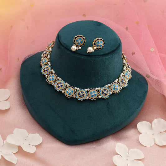 Firozi & Blau Meenakari Halskette Set Elegante Designer Ethnischer Schmuck