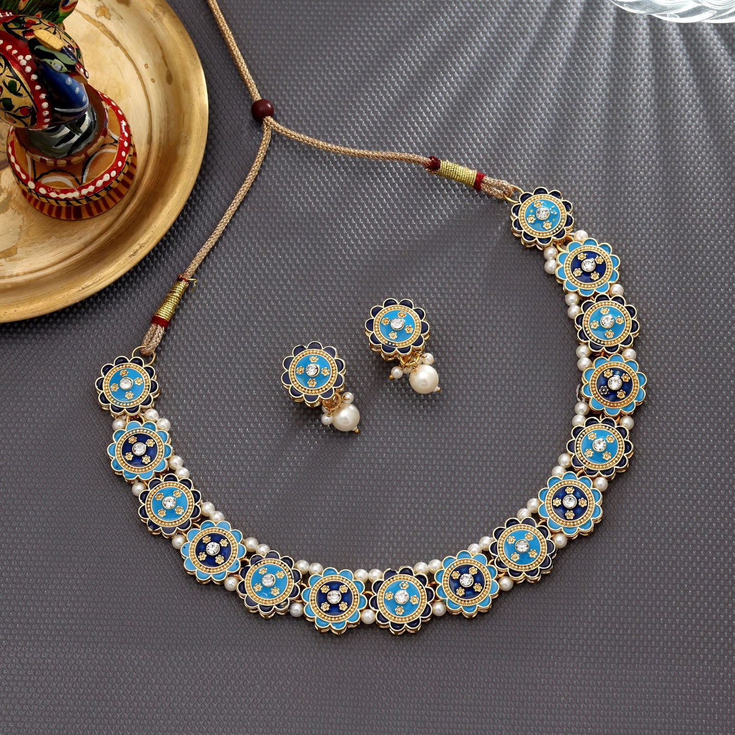 Firozi & Blau Meenakari Halskette Set Elegante Designer Ethnischer Schmuck