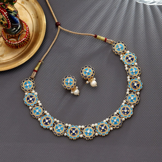 Firozi & Blau Meenakari Halskette Set Elegante Designer Ethnischer Schmuck