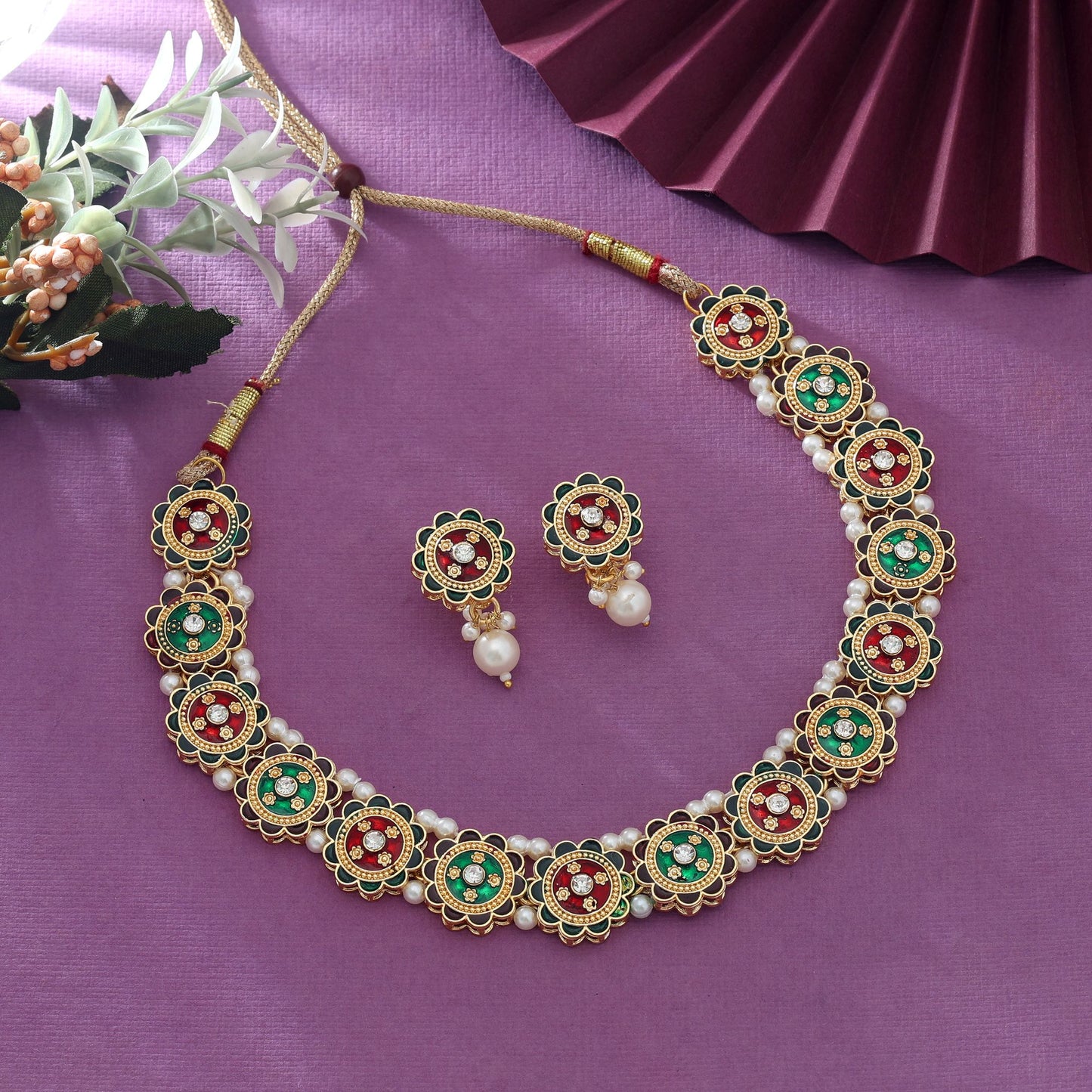 Maronfarbenes & Grünes Meenakari Halsketten-Set Klassischer Brautschmuck Traditioneller Schmuck