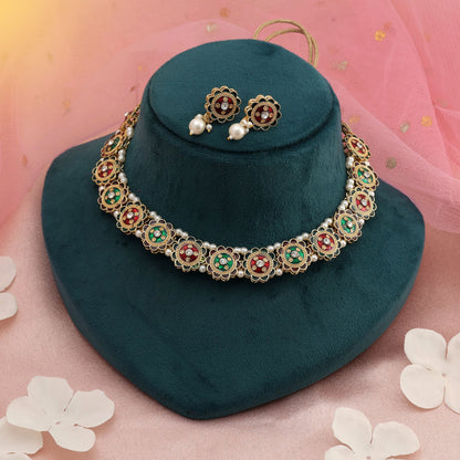 Maronfarbenes & Grünes Meenakari Halsketten-Set Klassischer Brautschmuck Traditioneller Schmuck