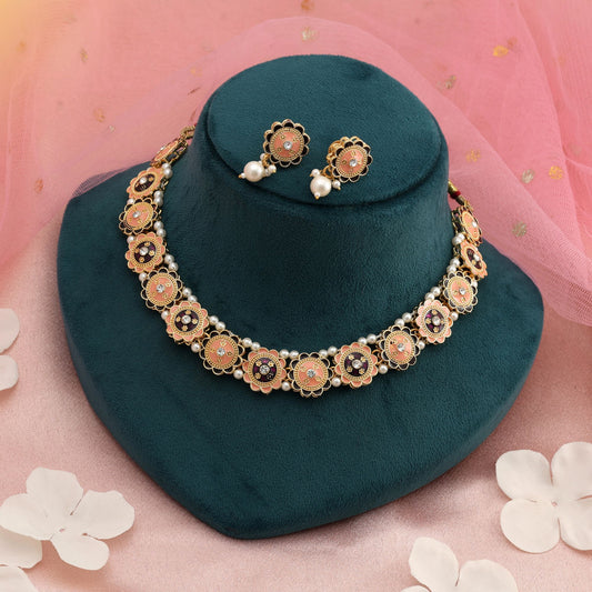 Peach & Purple Color Meenakari Necklace Set Elegant Ethnic Party Wear Jewelry