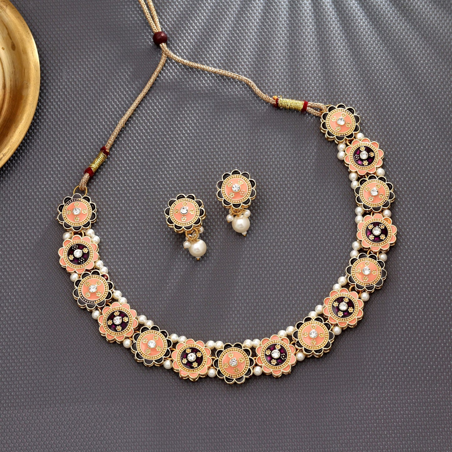 Peach & Purple Color Meenakari Necklace Set Elegant Ethnic Party Wear Jewelry