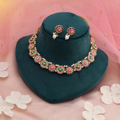 Pink & Grün Color Meenakari Halsketten-Set Klassisches festliches Schmuckdesign
