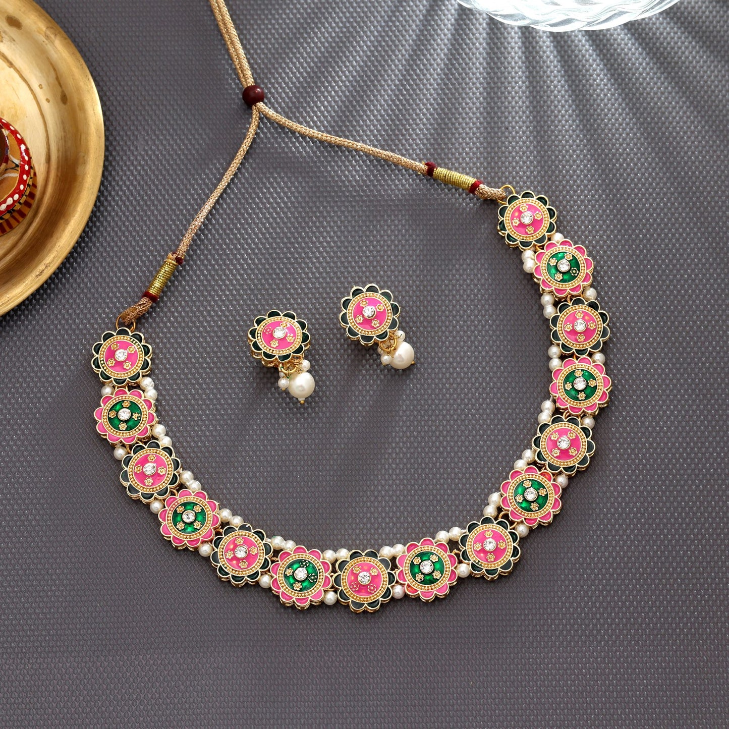 Pink & Grün Color Meenakari Halsketten-Set Klassisches festliches Schmuckdesign