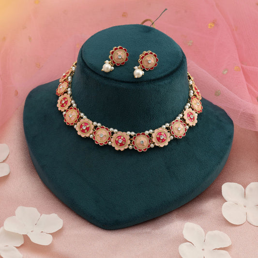 Rani & Peach Color Meenakari Necklace Set Stylish Festive Statement Jewelry Collection