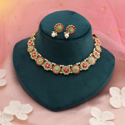 Halskette-Set mit Rani- & Pistaziengrüner Meenakari, ethnischer Hochzeitsschmuck, Statement-Schmuck