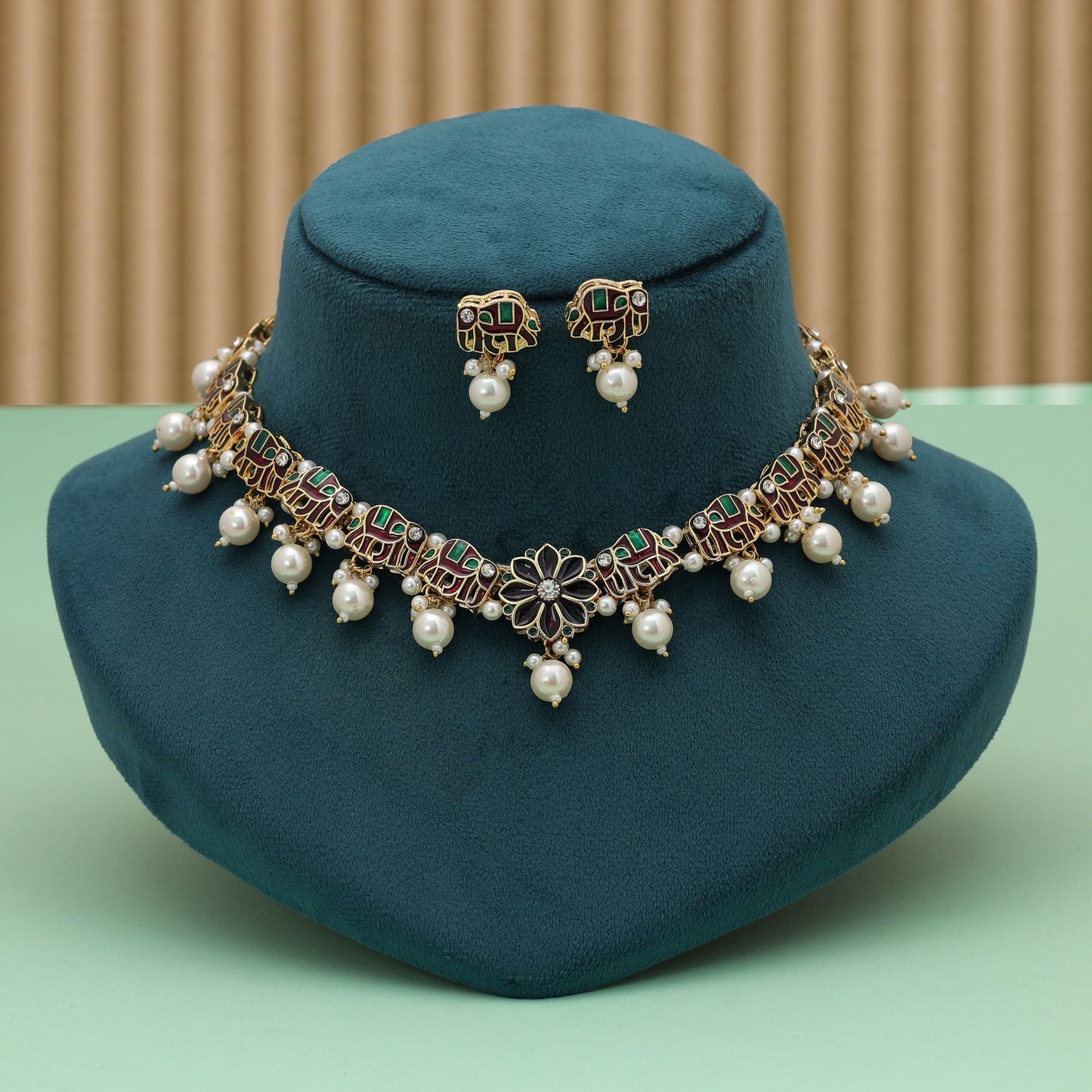 Royal Maroon & Green Color Meenakari Necklace Set For Festive Ethnic Wear