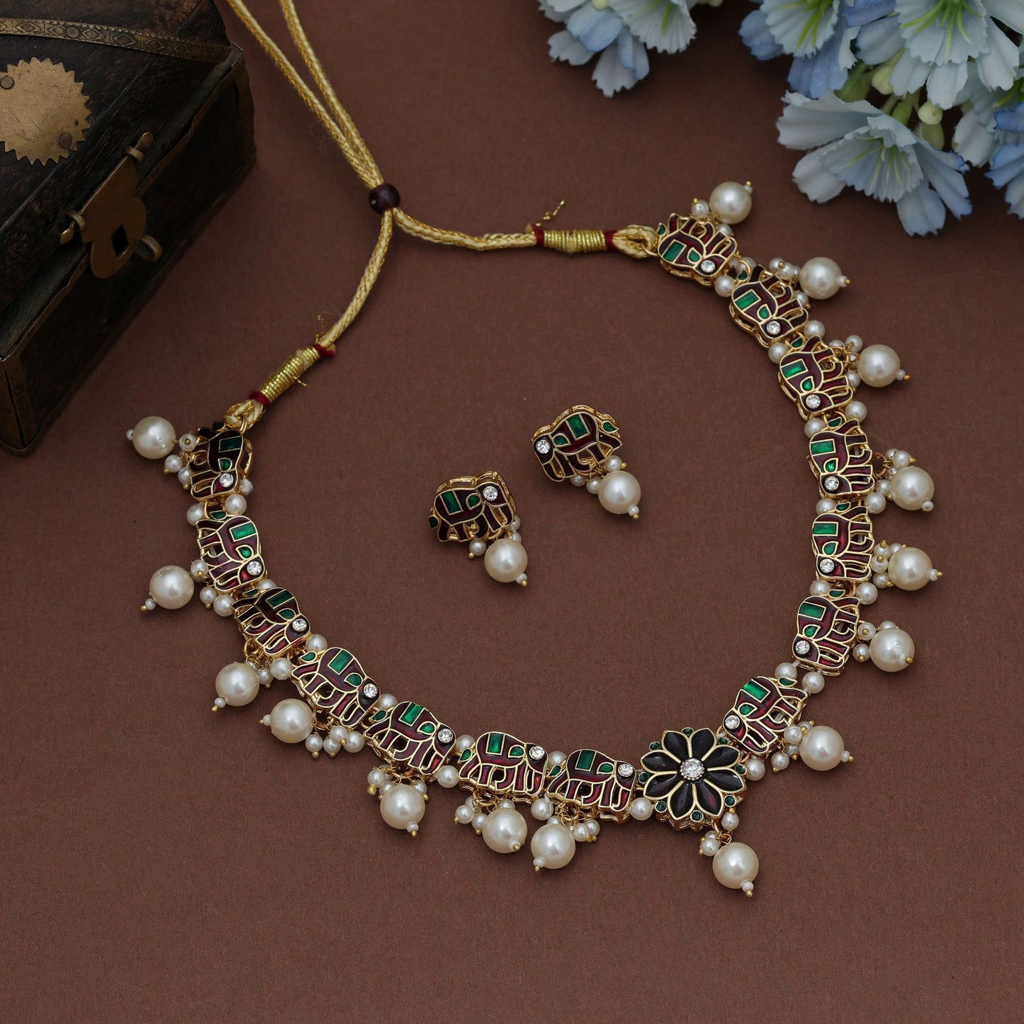 Royal Maroon & Green Color Meenakari Necklace Set For Festive Ethnic Wear