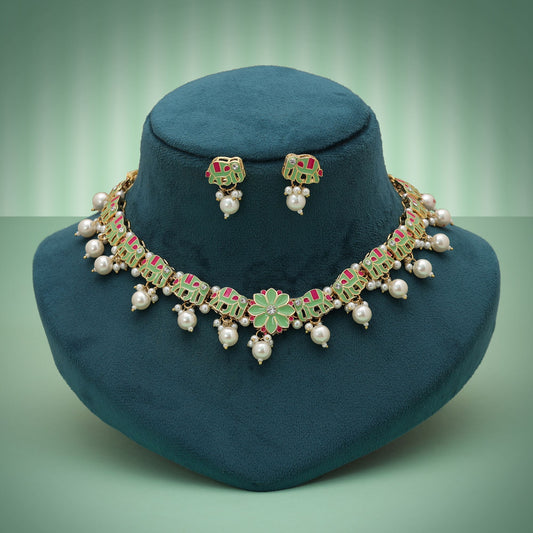 Exklusives Pista-Grün Meenakari Halsketten-Set, traditionelles ethnisches Schmuckdesign