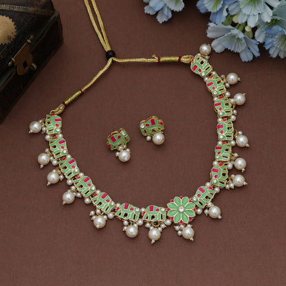 Premium Pista Green Color Meenakari Necklace Set Traditional Ethnic Jewelry Design