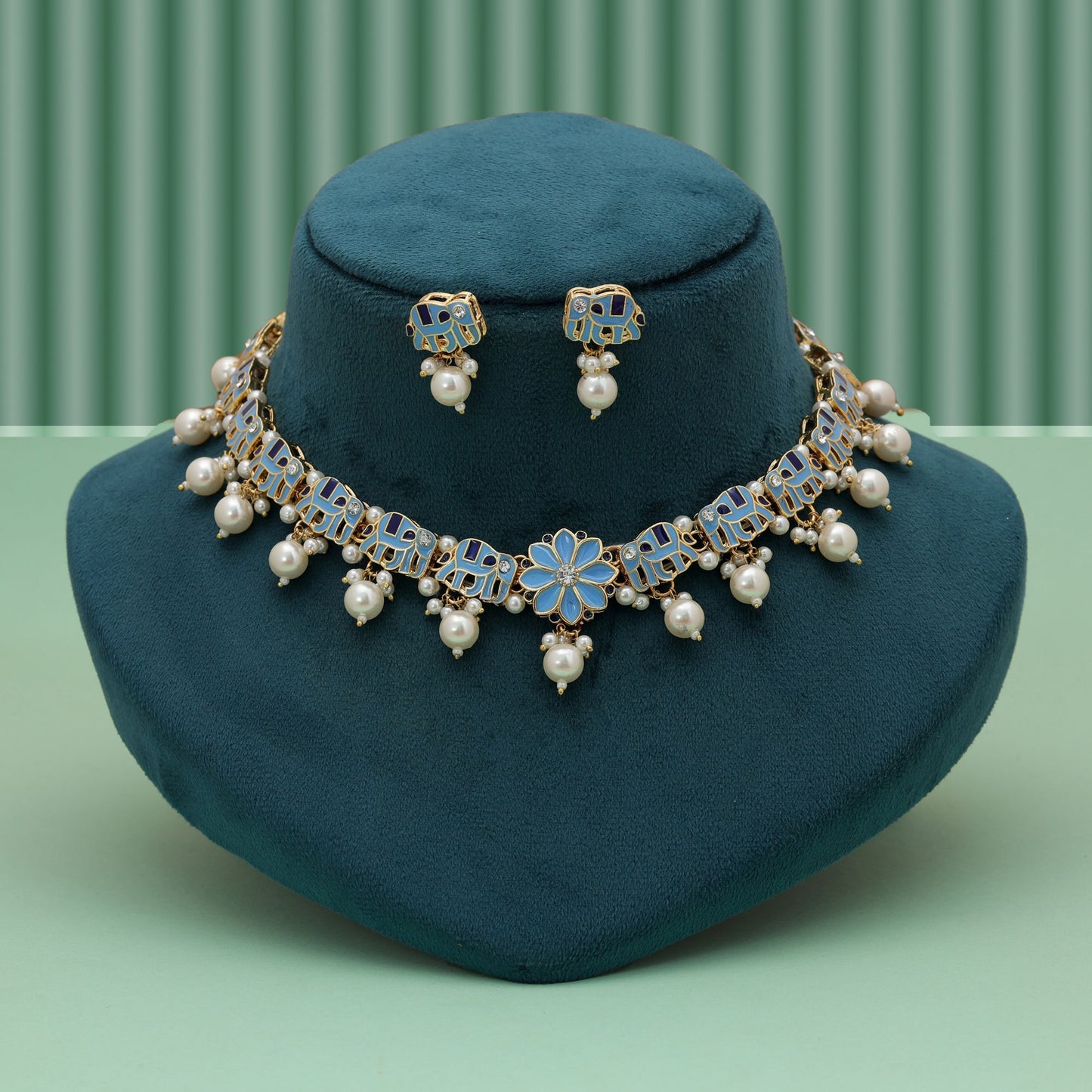 Elegant Sky Blue Color Meenakari Necklace Set With Traditional Artistic Finish
