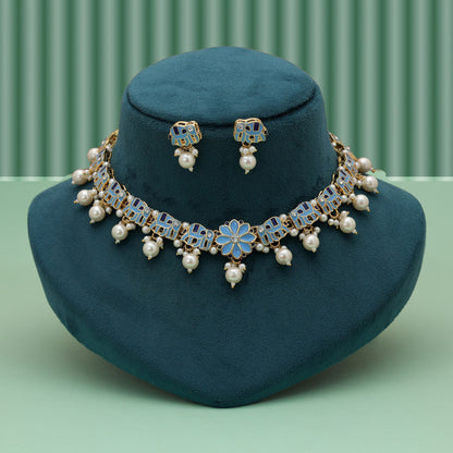Elegant Sky Blue Color Meenakari Necklace Set With Traditional Artistic Finish
