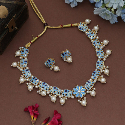 Elegant Sky Blue Color Meenakari Necklace Set With Traditional Artistic Finish