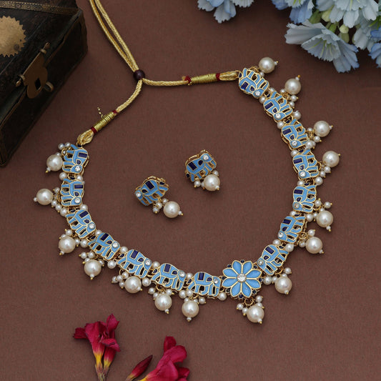 Elegantes himmelblaues Meenakari-Halsketten-Set mit traditioneller künstlerischer Verarbeitung