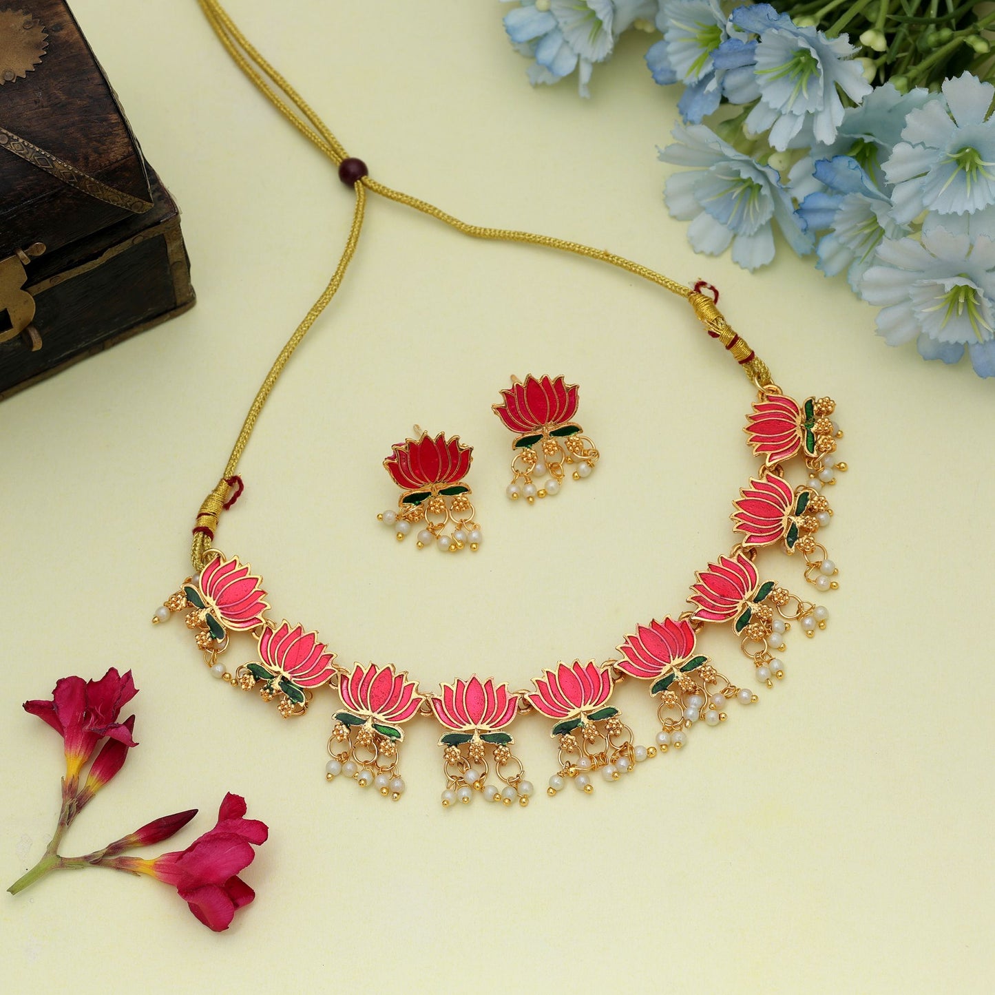 Designer Rani & Green Color Meenakari Necklace Set Mit Antiker Kunstwerk-Oberfläche