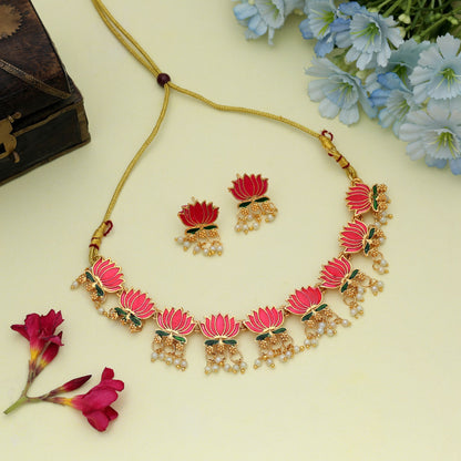 Designer Rani & Green Color Meenakari Necklace Set Mit Antiker Kunstwerk-Oberfläche