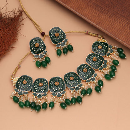 Green Color Meenakari Necklace Set with Stylish Meenakari Work for Elegant Occasion Wear