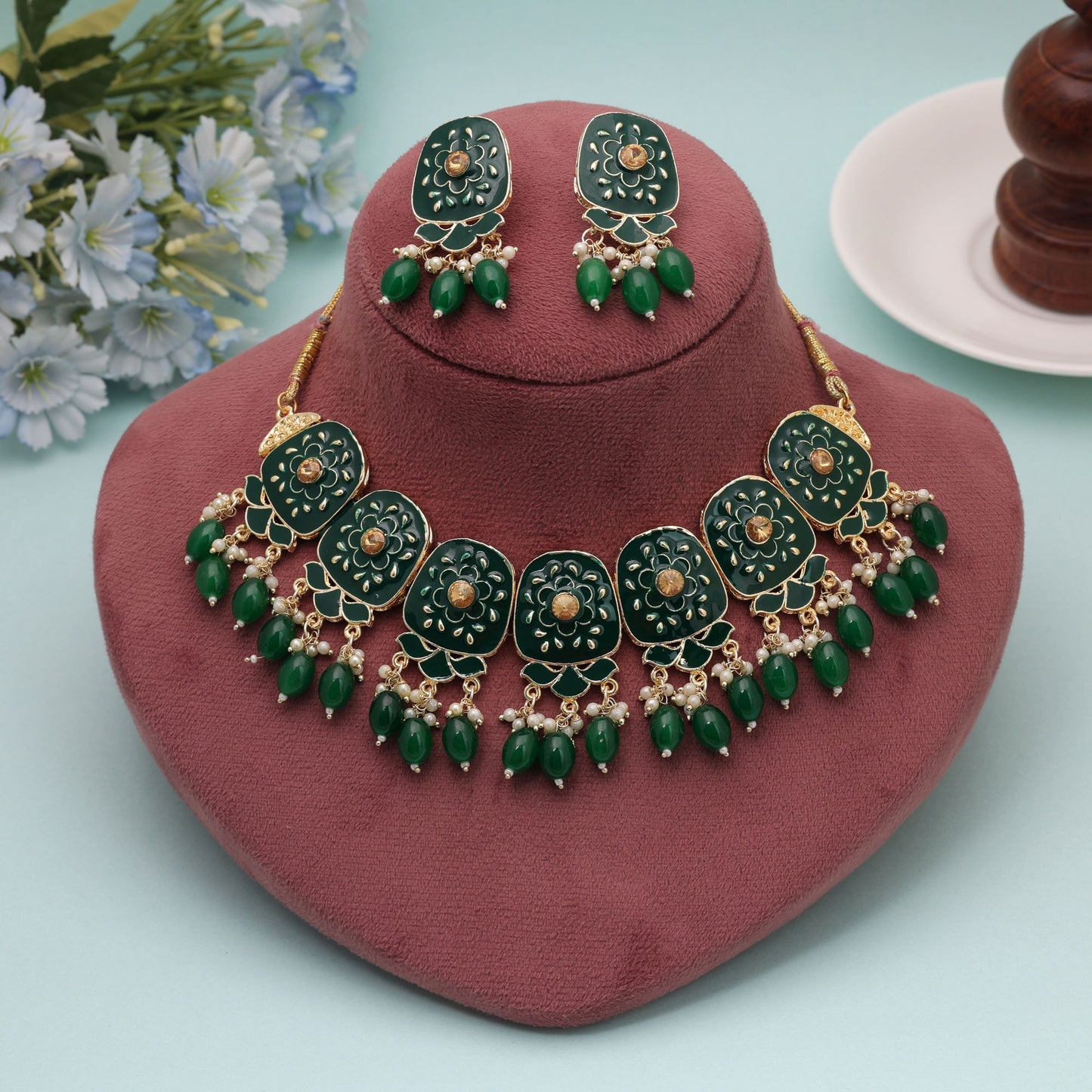 Green Color Meenakari Necklace Set with Stylish Meenakari Work for Elegant Occasion Wear