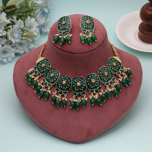 Green Color Meenakari Necklace Set with Stylish Meenakari Work for Elegant Occasion Wear
