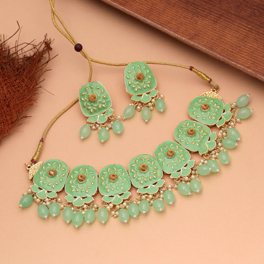 Light Green Color Meenakari Necklace Set Featuring Charming Designer Pattern and Festive Style