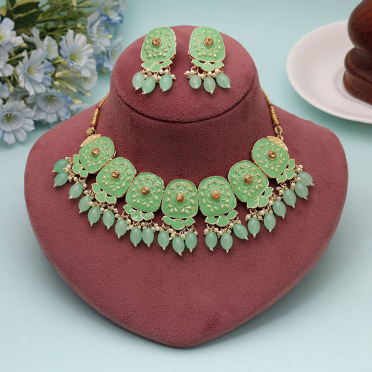 Light Green Color Meenakari Necklace Set Featuring Charming Designer Pattern and Festive Style
