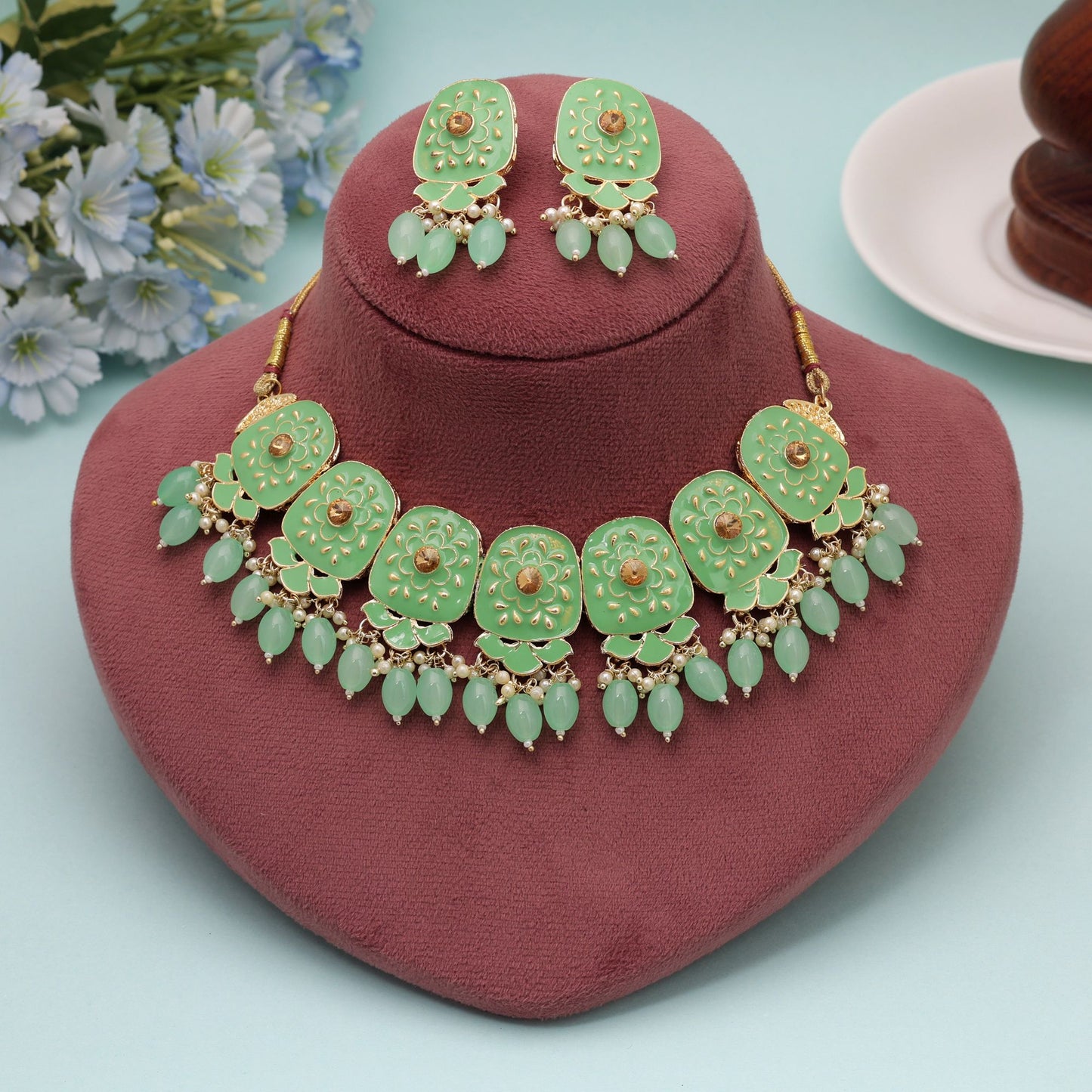 Light Green Color Meenakari Necklace Set Featuring Charming Designer Pattern and Festive Style
