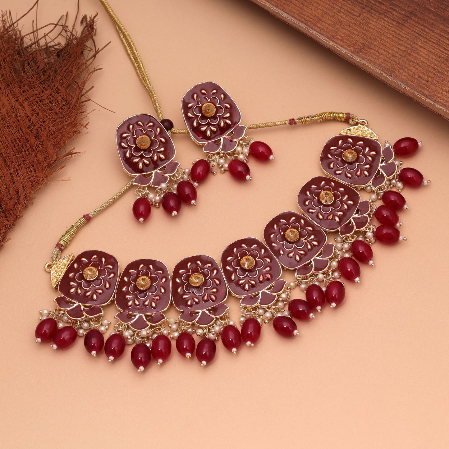 Maroon Color Meenakari Necklace Set Featuring Royal Handmade Design with Ethnic Fashion Appeal