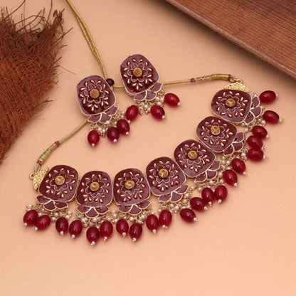 Maroon Color Meenakari Necklace Set Featuring Royal Handmade Design with Ethnic Fashion Appeal