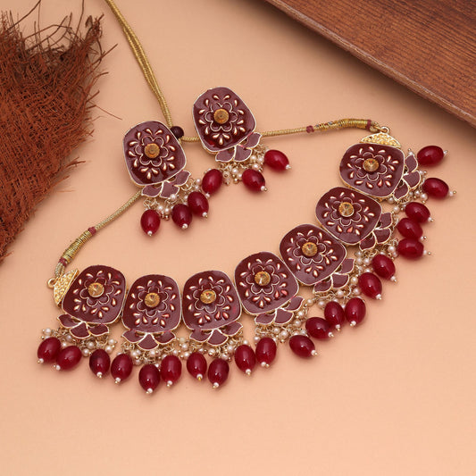 Maroon Color Meenakari Necklace Set Featuring Royal Handmade Design with Ethnic Fashion Appeal