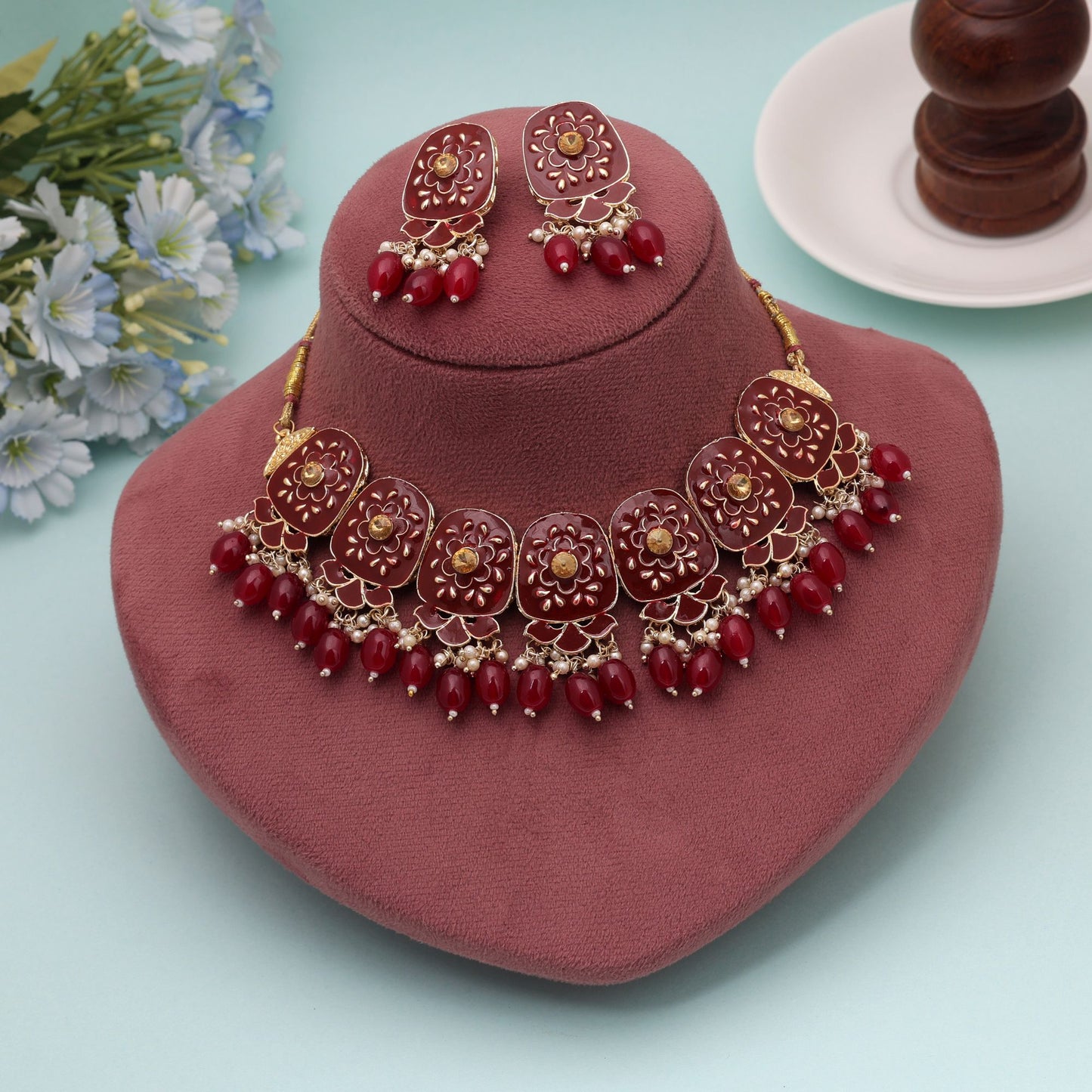 Maroon Color Meenakari Necklace Set Featuring Royal Handmade Design with Ethnic Fashion Appeal