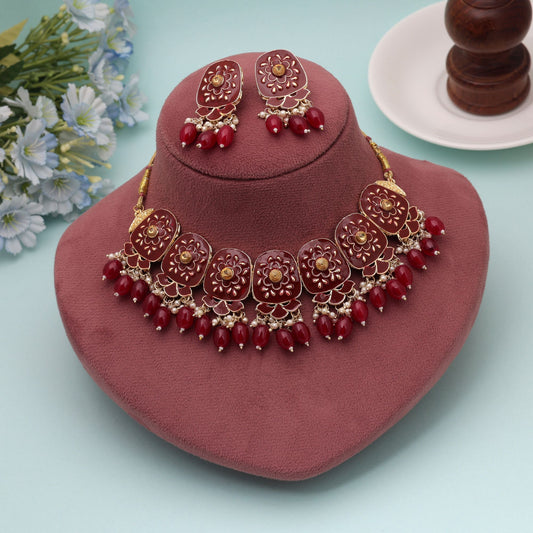 Maroon Color Meenakari Necklace Set Featuring Royal Handmade Design with Ethnic Fashion Appeal