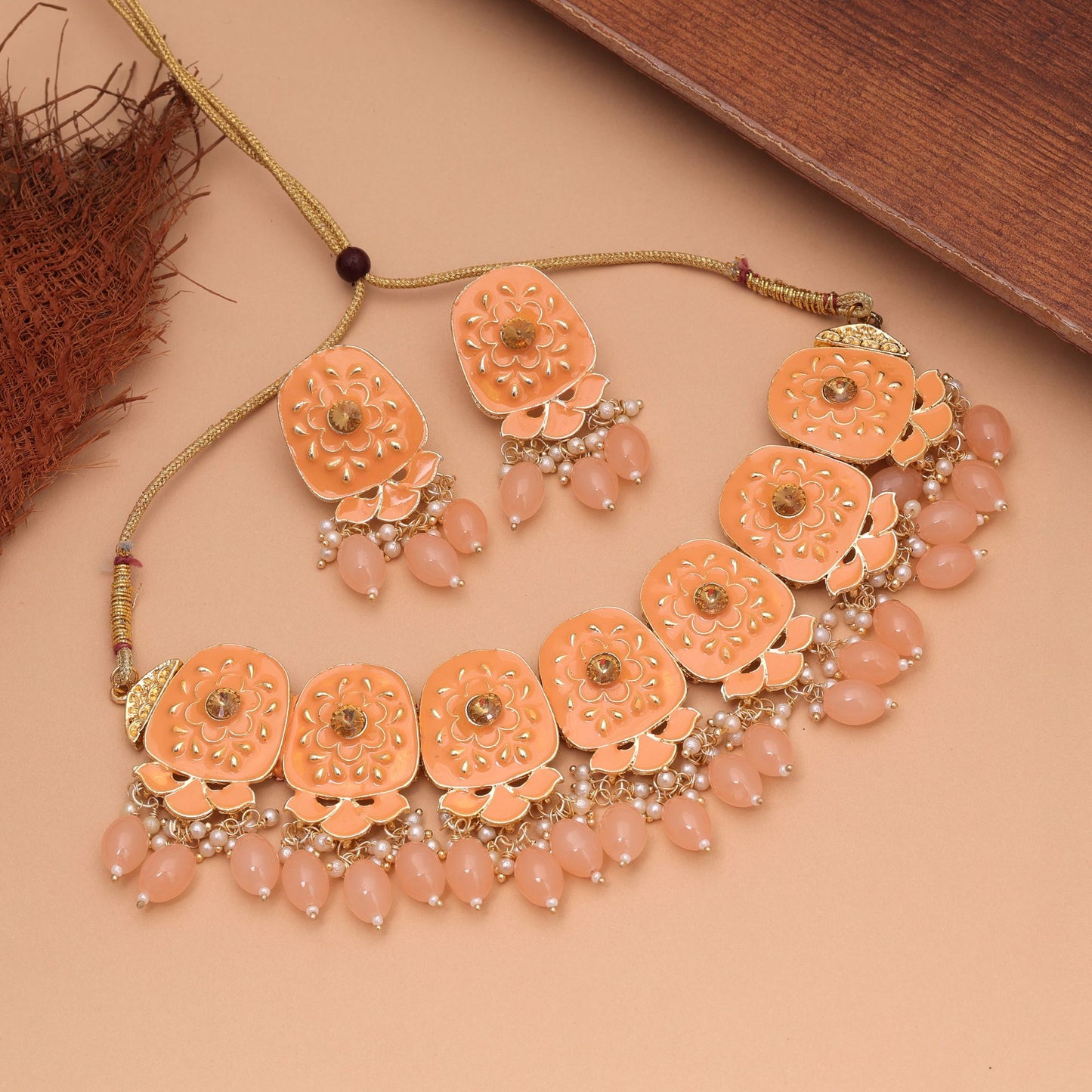 Orange Color Meenakari Necklace Set with Elegant Traditional Artwork for Festive Jewelry Wear
