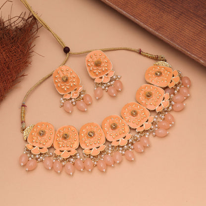 Orange Color Meenakari Necklace Set with Elegant Traditional Artwork for Festive Jewelry Wear