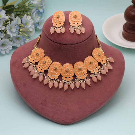 Orange Color Meenakari Necklace Set with Elegant Traditional Artwork for Festive Jewelry Wear