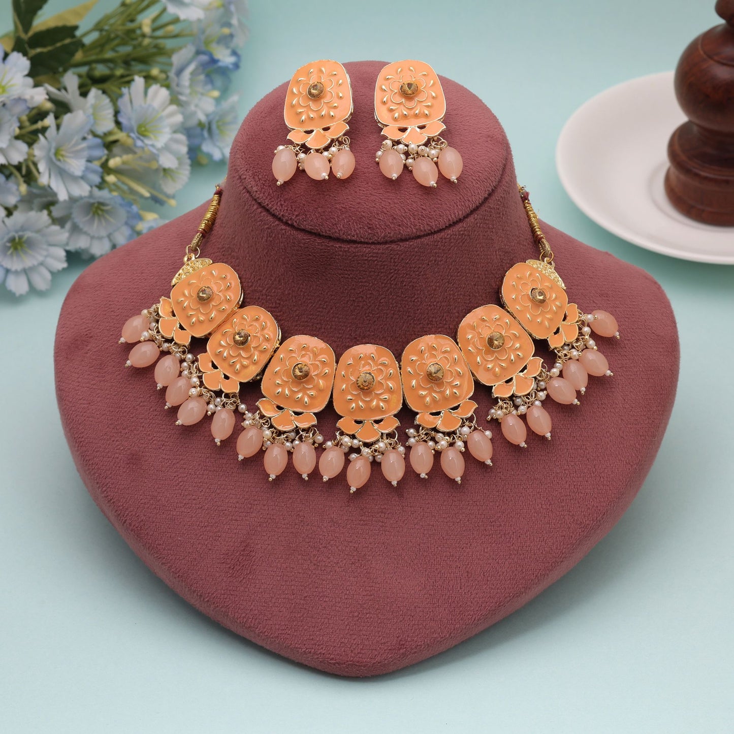 Orange Color Meenakari Necklace Set with Elegant Traditional Artwork for Festive Jewelry Wear