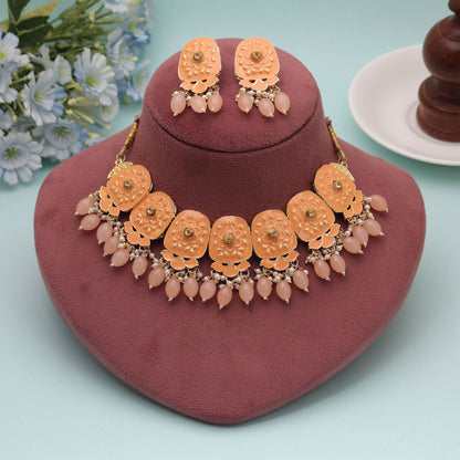 Orange Color Meenakari Necklace Set with Elegant Traditional Artwork for Festive Jewelry Wear