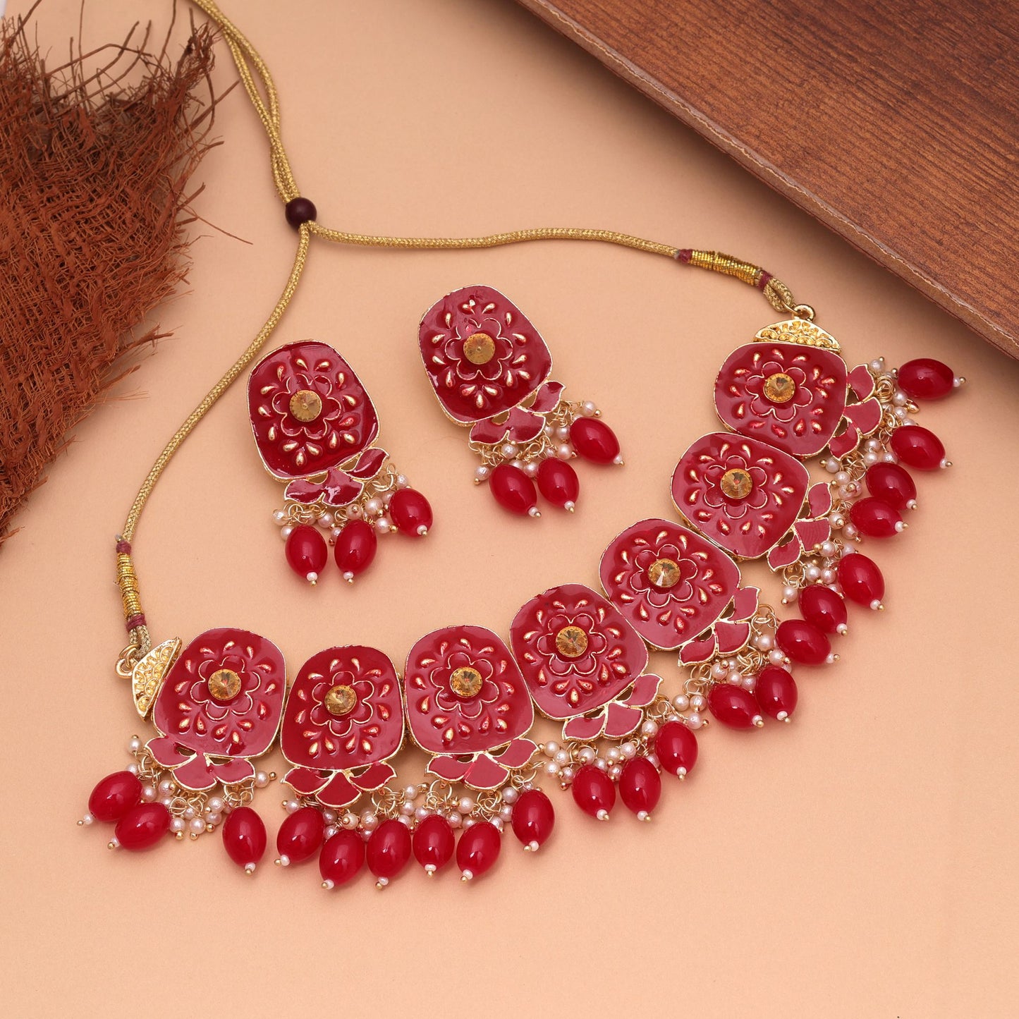 Red Color Meenakari Necklace Set Crafted with Beautiful Details and Premium Traditional Look