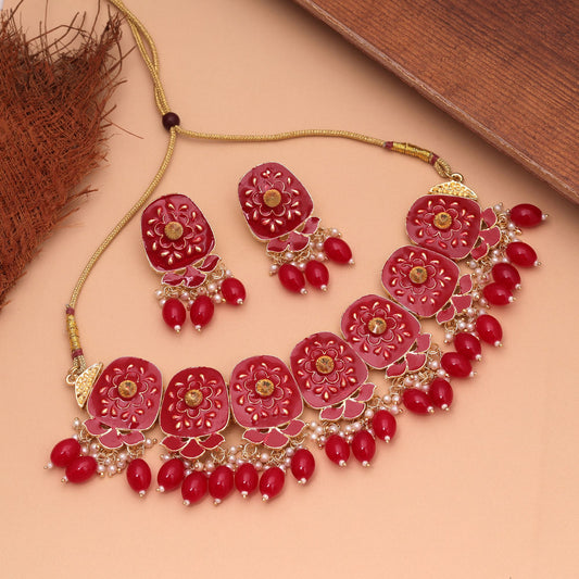Red Color Meenakari Necklace Set Crafted with Beautiful Details and Premium Traditional Look