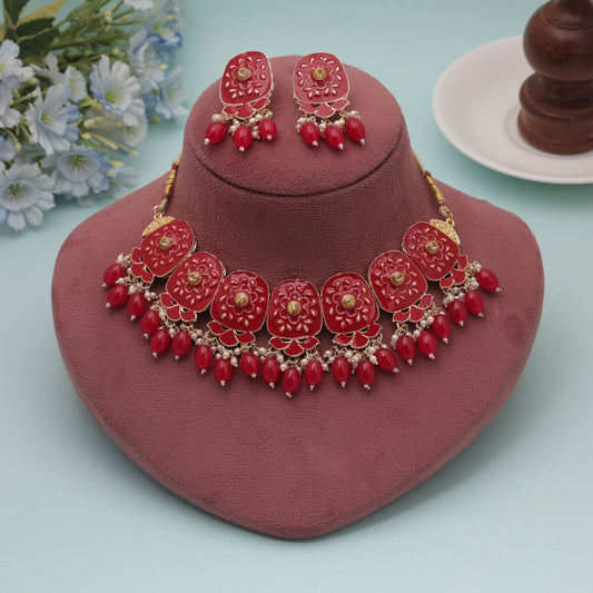Red Color Meenakari Necklace Set Crafted with Beautiful Details and Premium Traditional Look