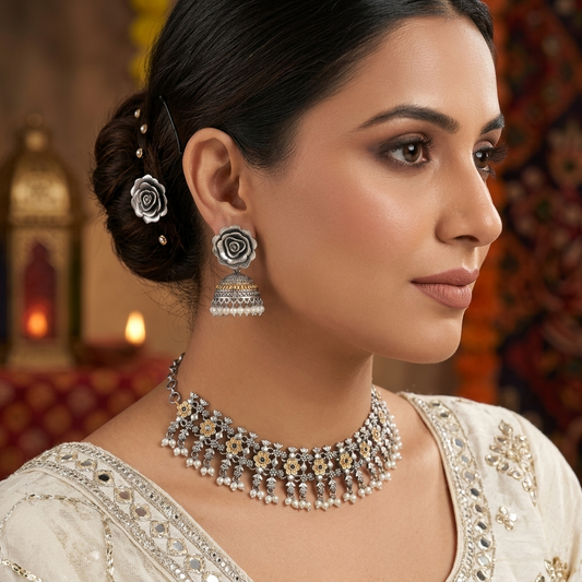Multi Color Dual Tone Oxidised Necklace Set With Vibrant Traditional Design