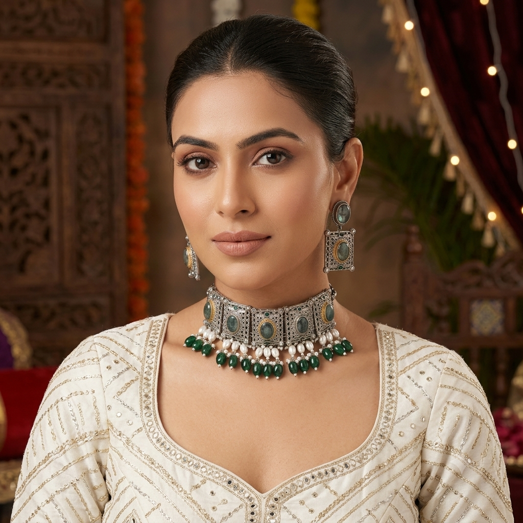 Green Color Dual Tone Oxidised Necklace Set with Graceful Handmade Appeal